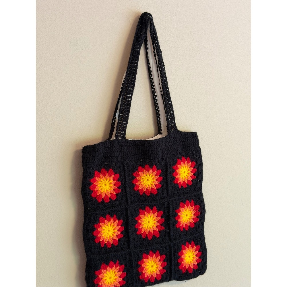 Handmade Crochet Square Tote Bag Black Red Floral Boho Lined Shoulder Bag - Picture 3 of 6